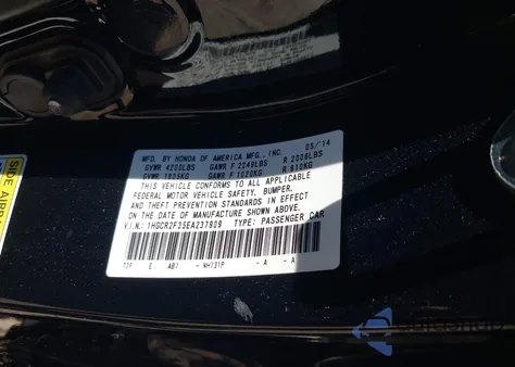 2014 Honda Accord Lx из США, поврежденный, VIN 1HGCR2F35EA237909